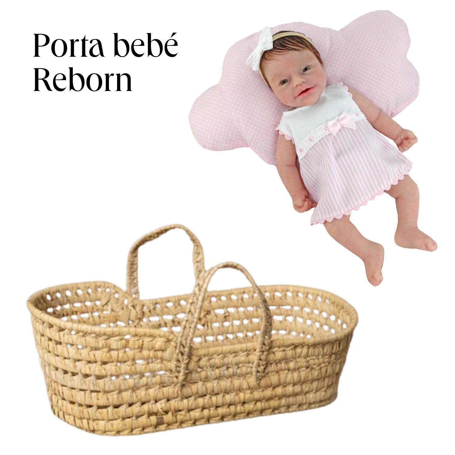 Portabebé de Palma Artesanal para Muñecas Reborn y Muñecos. Cesto Portamuñecas Estilo Clásico con Capota y Asas. Cuna Infantil de Juguete. (Ref. 8286)