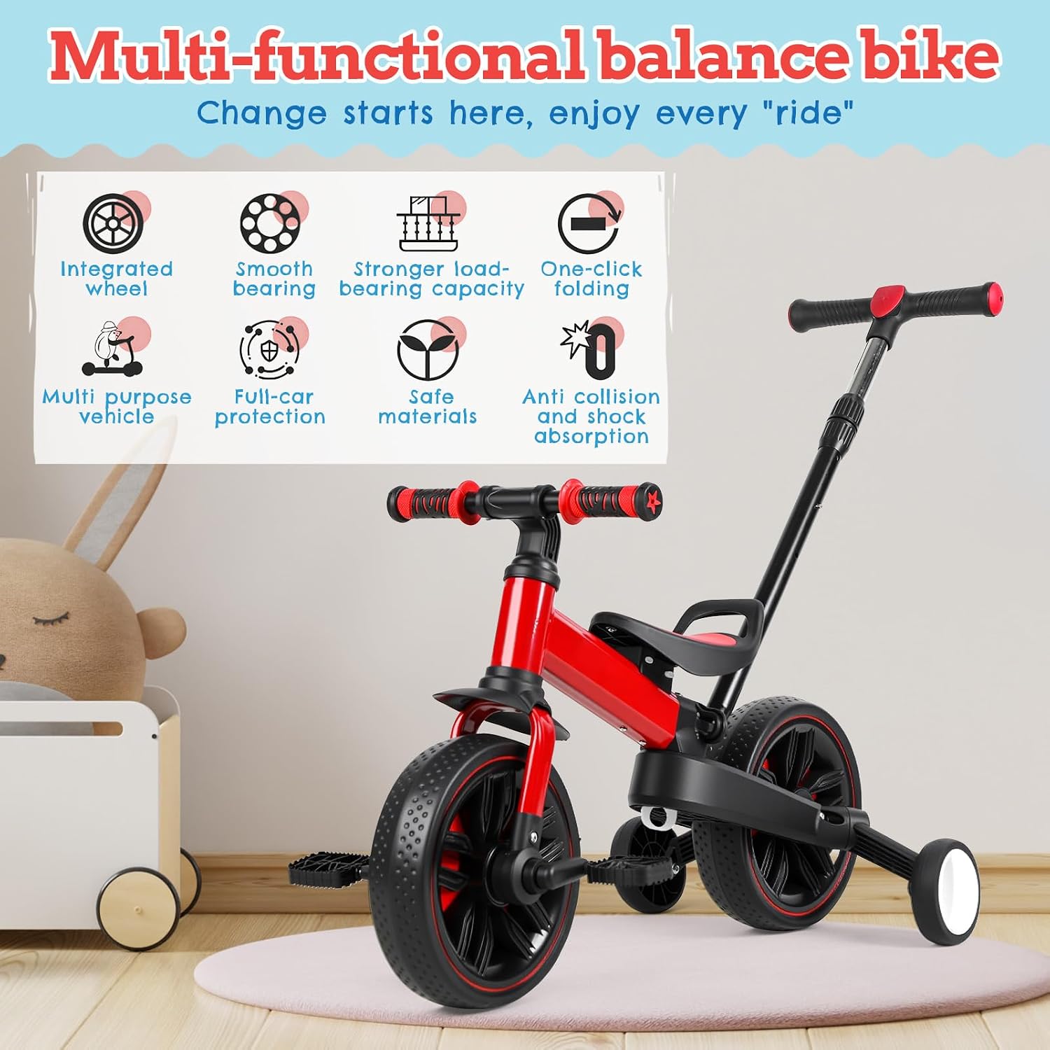 Toddler Bike, 6-in-1 Multi-Functional Kids Bicycle Convertible to Balance Bike, Trike with Training Wheels, Adjustable Saddle and All-Terrain Tires for Boys Girls Age 2-5 (Red)