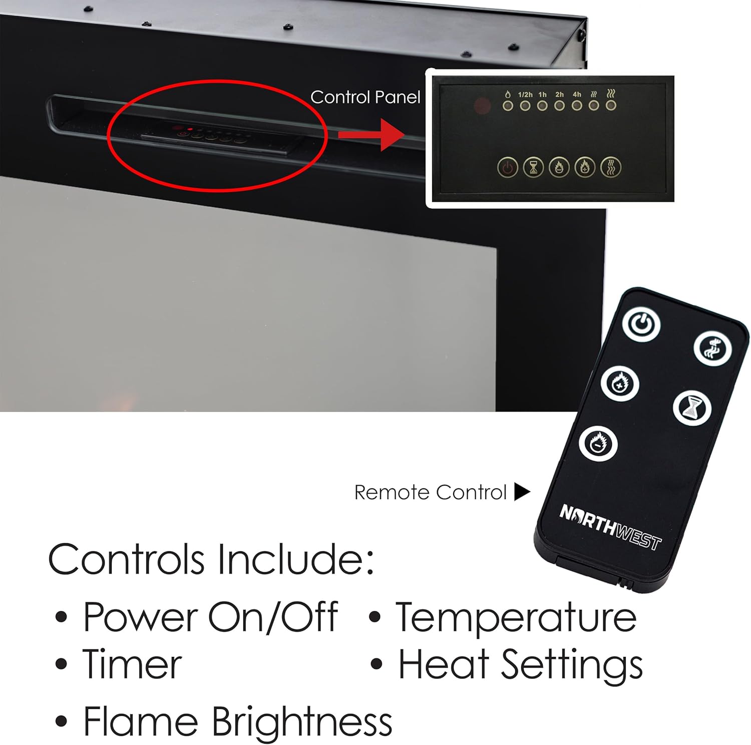 Image showing the fireplace's control panel and the remote control with various buttons.