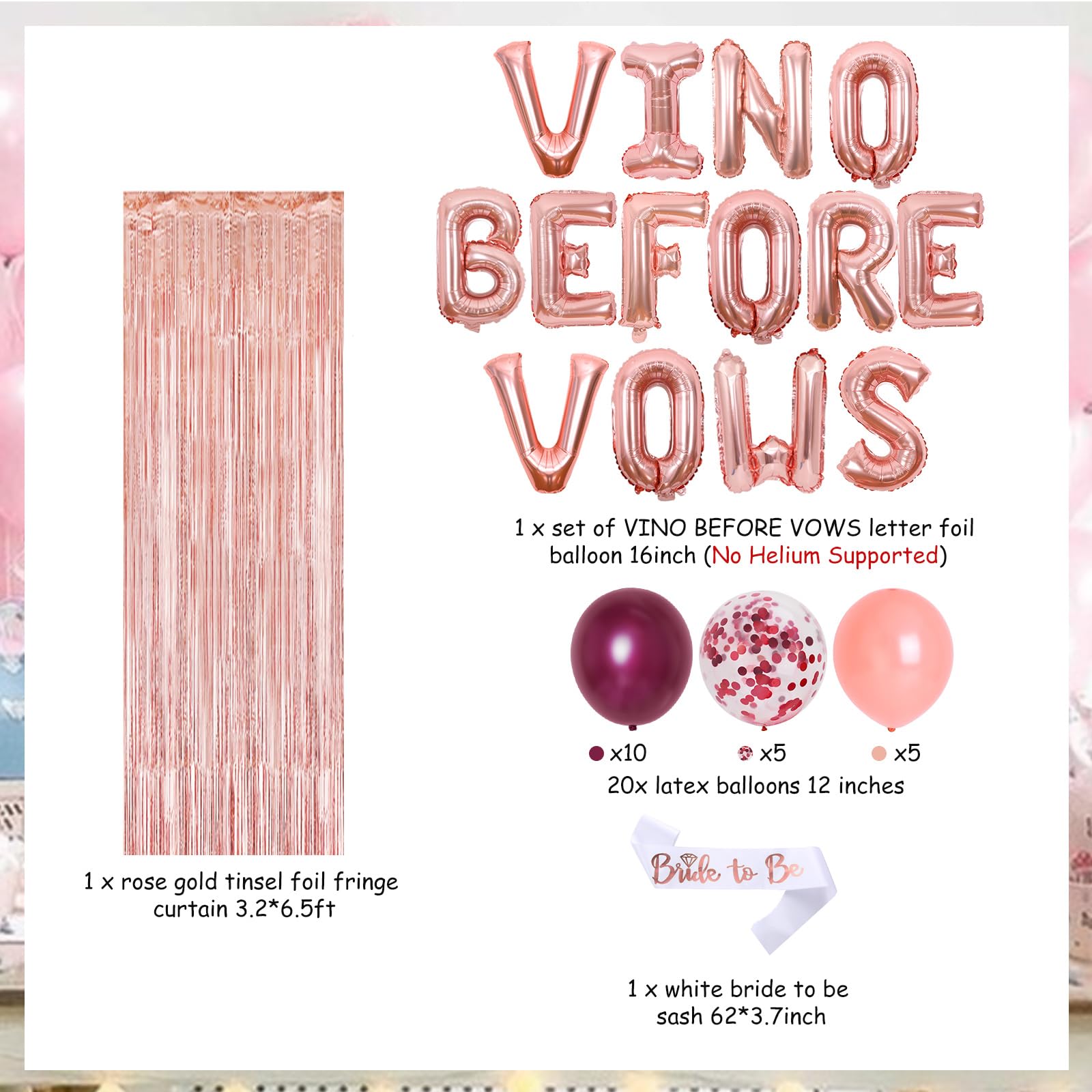 Tema del vino Despedida de soltera Decoraciones con Vino Antes de los votos Globo Banner Novia para ser Sash Botella de champán Vidrio Anillo de diamante Globo de aluminio