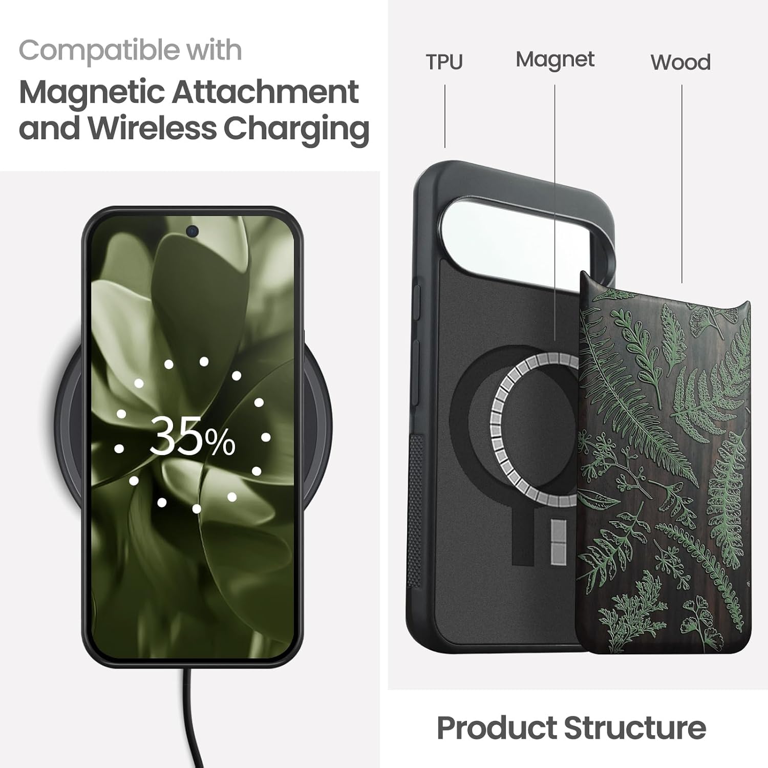 Magnetic for Google Pixel 9 / Pixel 9 Pro Case Compatible with MagSafe Wireless Charging, Natural Wood Cover & Shockproof TPU Phone Case, Hand-Drawn Pattern - Botanical Garden