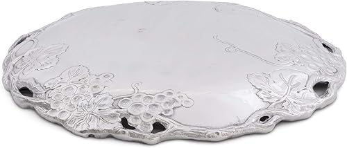 Miniatura 4 de Arthur Court Bandeja redonda de aluminio con diseño de uva, 15 pulgadas de diámetro, inspirada en viñedos con borde calado, plato apto