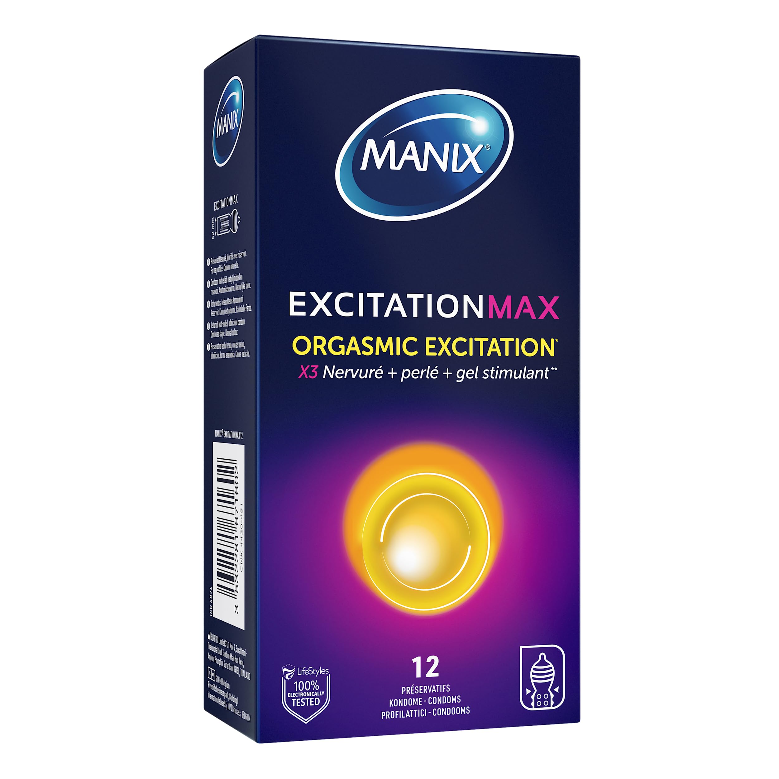 Manix Excitation Max : Texture Nervurée Perlée et Gel Chauffant / Boite de 12 Préservatifs pour Homme à Triple Stimulation pour un Plaisir Intense et une Excitation Orgasmique