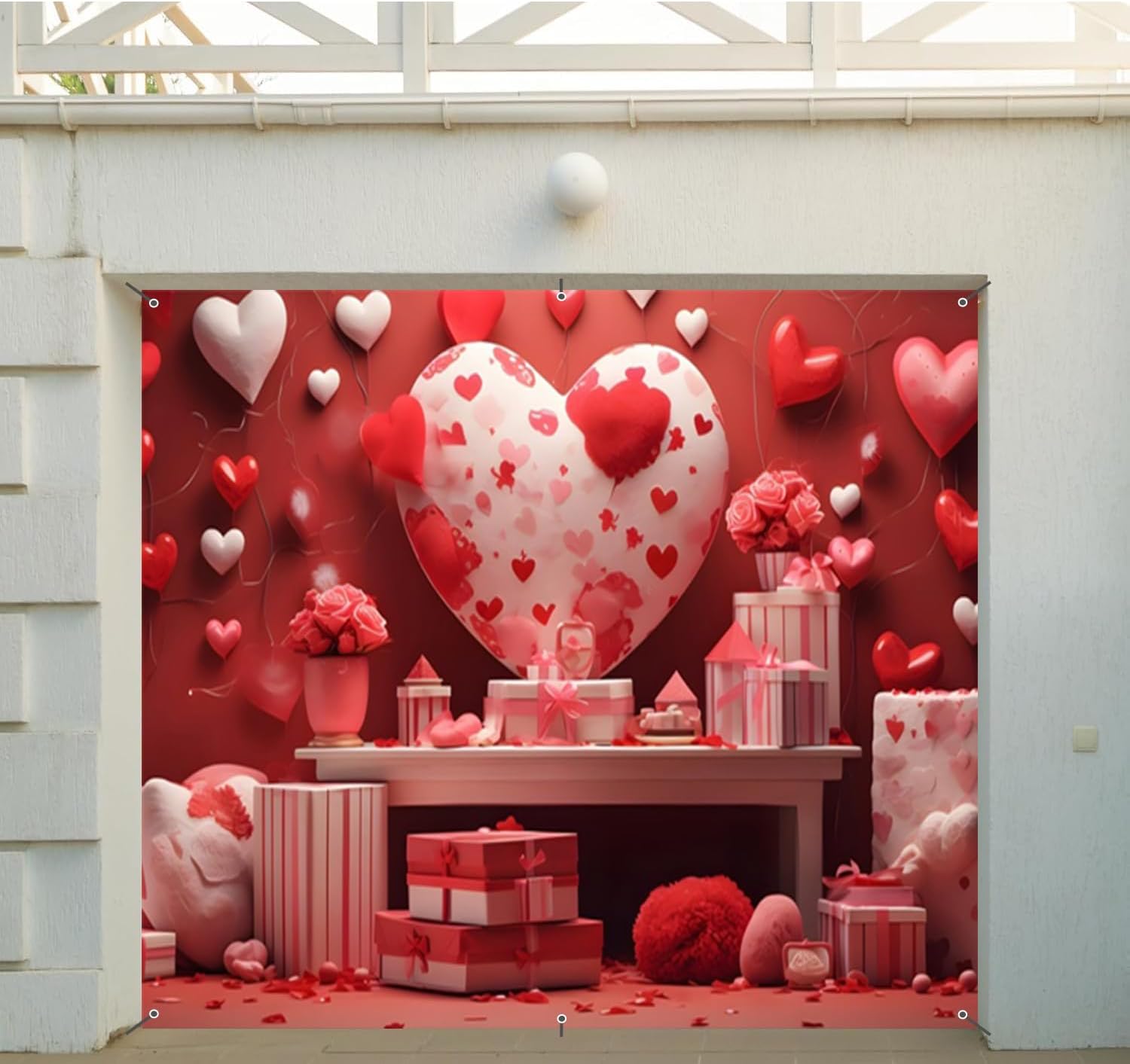Valentine Garage Door Banner Background Decoration 7 x 8 ft Valentine Red Love Heart Garage Door Banner Decoration Love Heart Balloon Gift Box Garage Door Backdrop Decorations Props