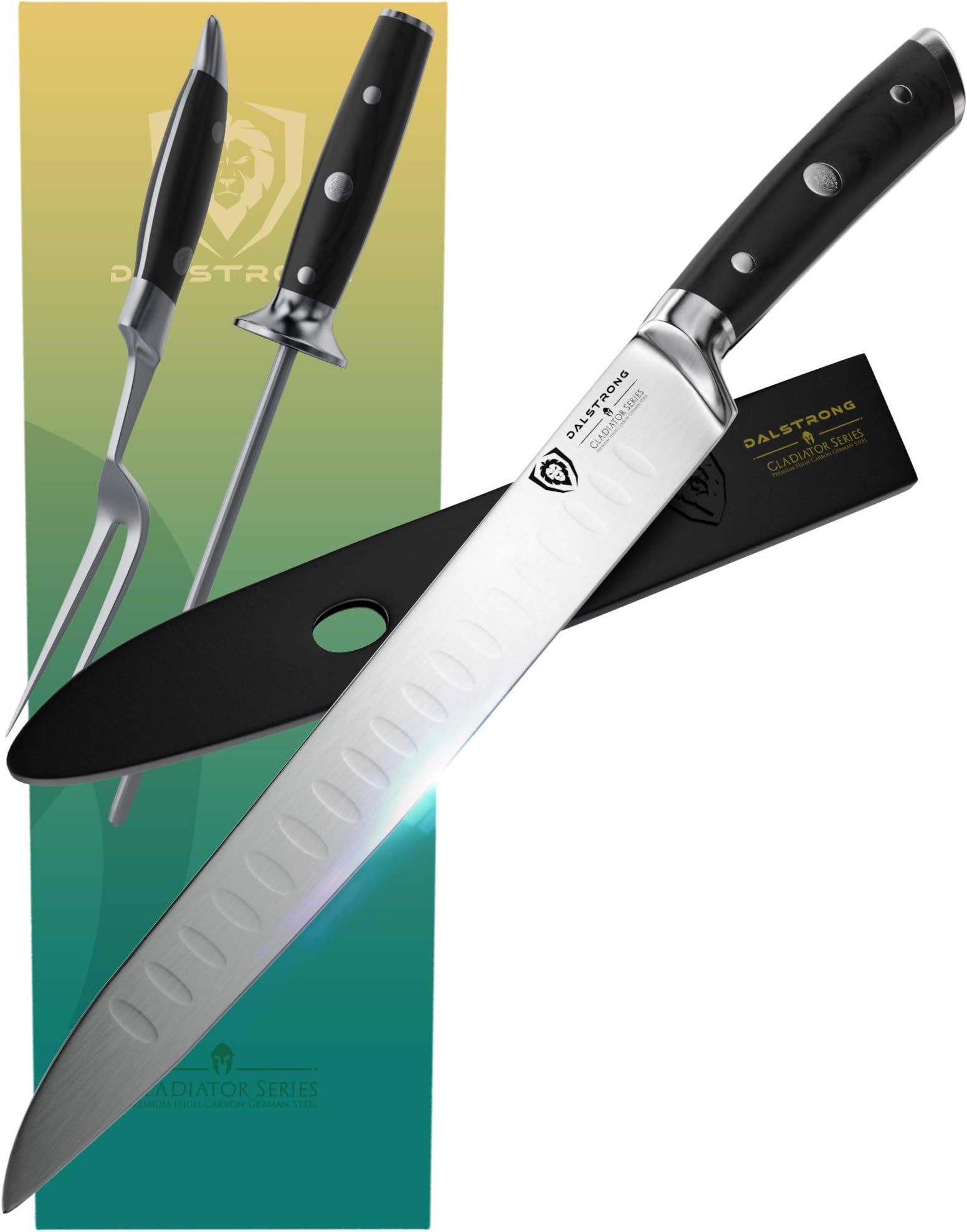 DALSTRONG Carving Knife & Fork Set - Gladiator Series - Forged German Thyssenkrupp High-Carbon Steel - 4pc - 9" Boning Knife - Hollow Ground - 8" Honing Rod - NSF Certified