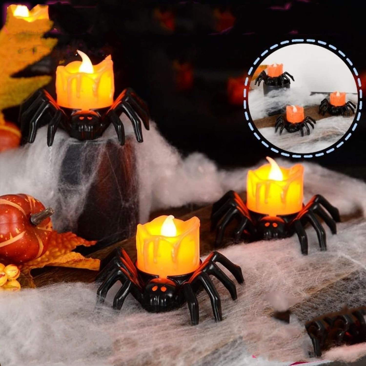 6 PCS LED Halloween Lights Indoor, Spider Tea Lights Battery Operated Flameless Candles for Party Table Halloween Decorations