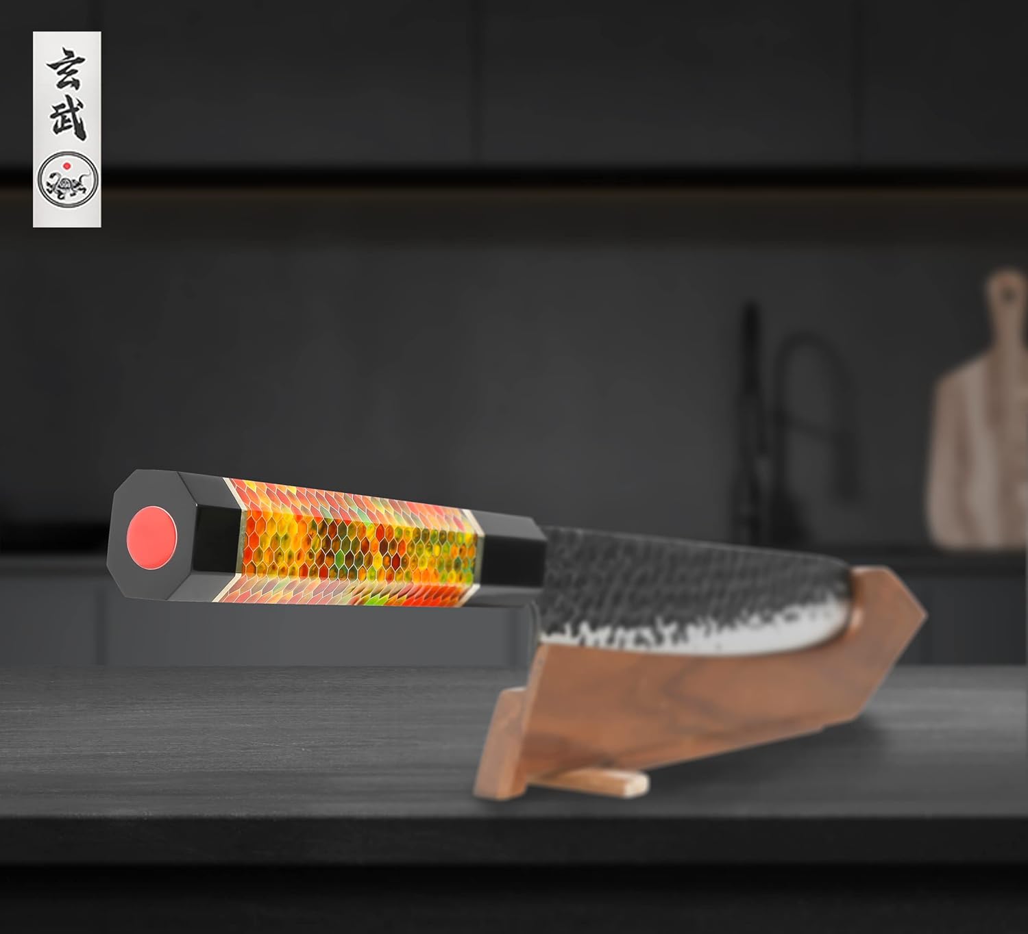 Concord Genbu Traditional Japanese Chef's Knife Raw Hammered Double Beveled 9CR18MOV Blade w/ 60 HRC. Tortoise Shell Resin Handle. Comes with Magnetic Magnolia Wood Sheath with Stand. (7" Nakiri) - Image 7