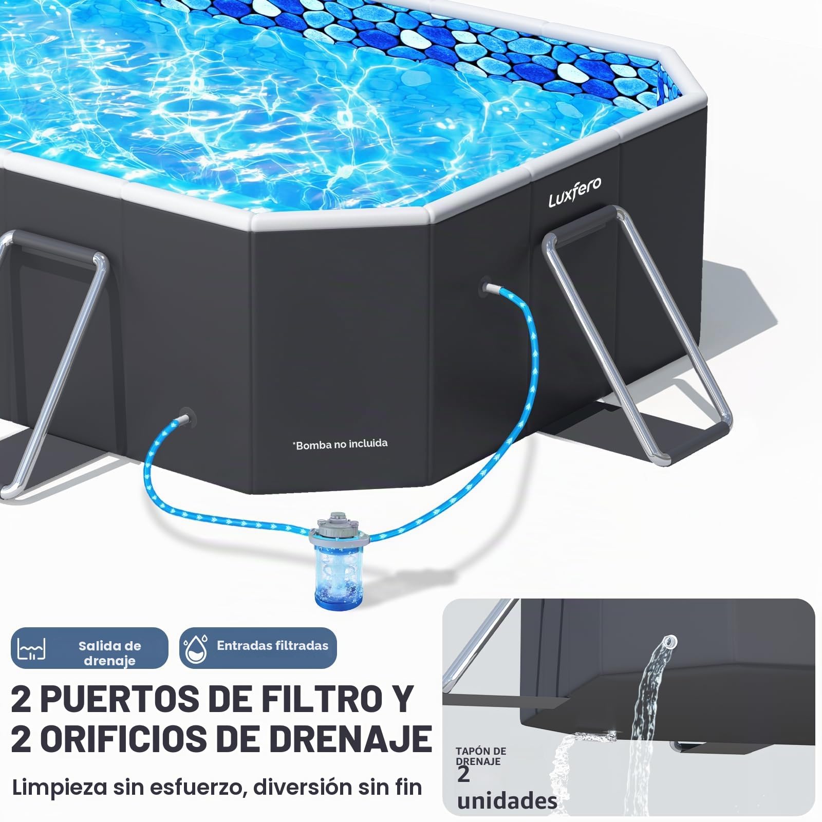 Luxfero Piscina Desmontable Rectangular con Toldo Solar, Piscina Desmontable Tubular Plegable, Piscina Rectangular de Exterior Épaissi, Fácil de Guardar Piscina para Adultos y Niños, 228 x 127 x 50 cm