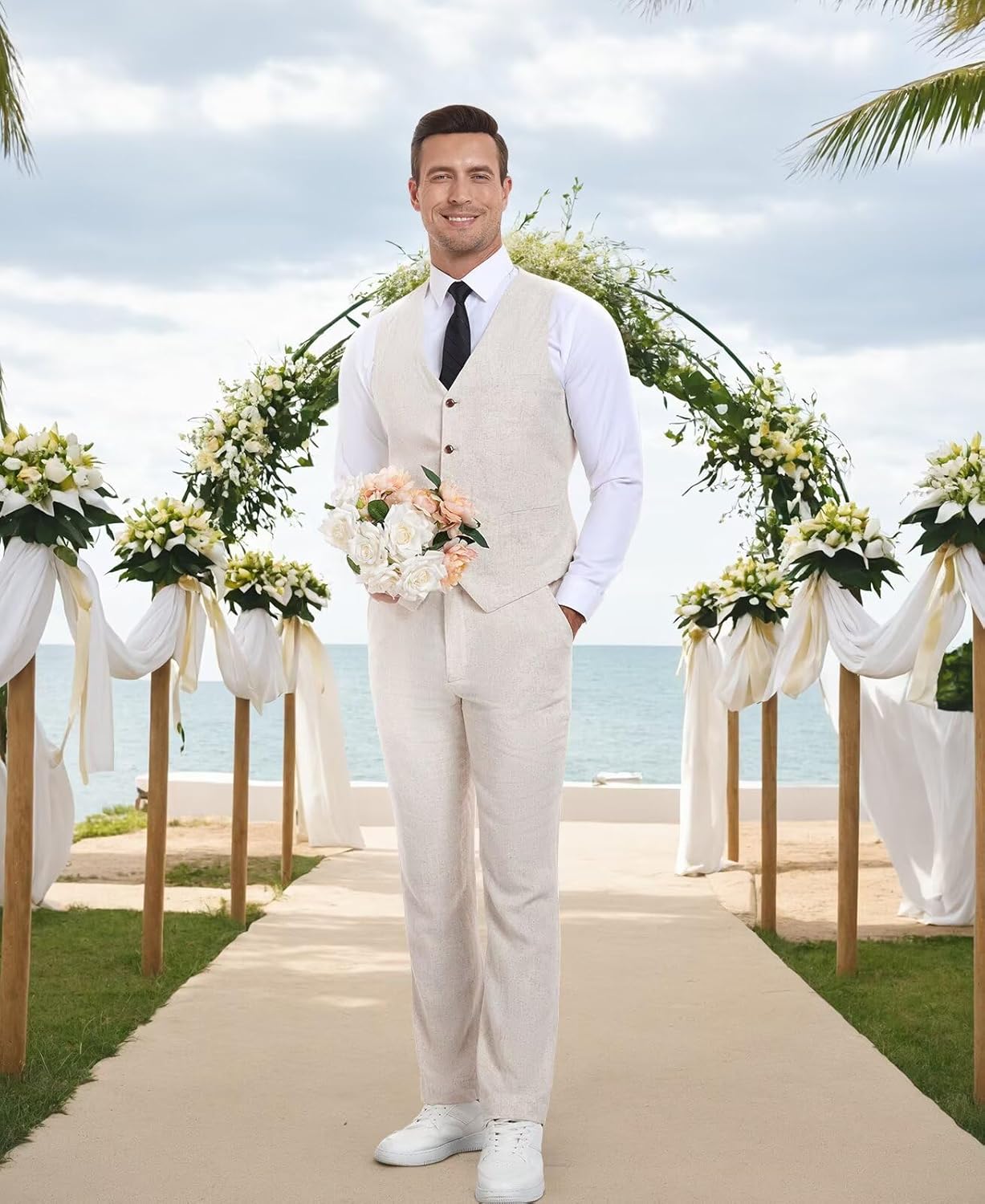 Bofan Casual Linen Beige Men's 2 Piece Suits Wedding Suits Slim Fit Groomsmen Tuxedos Prom - Image 5