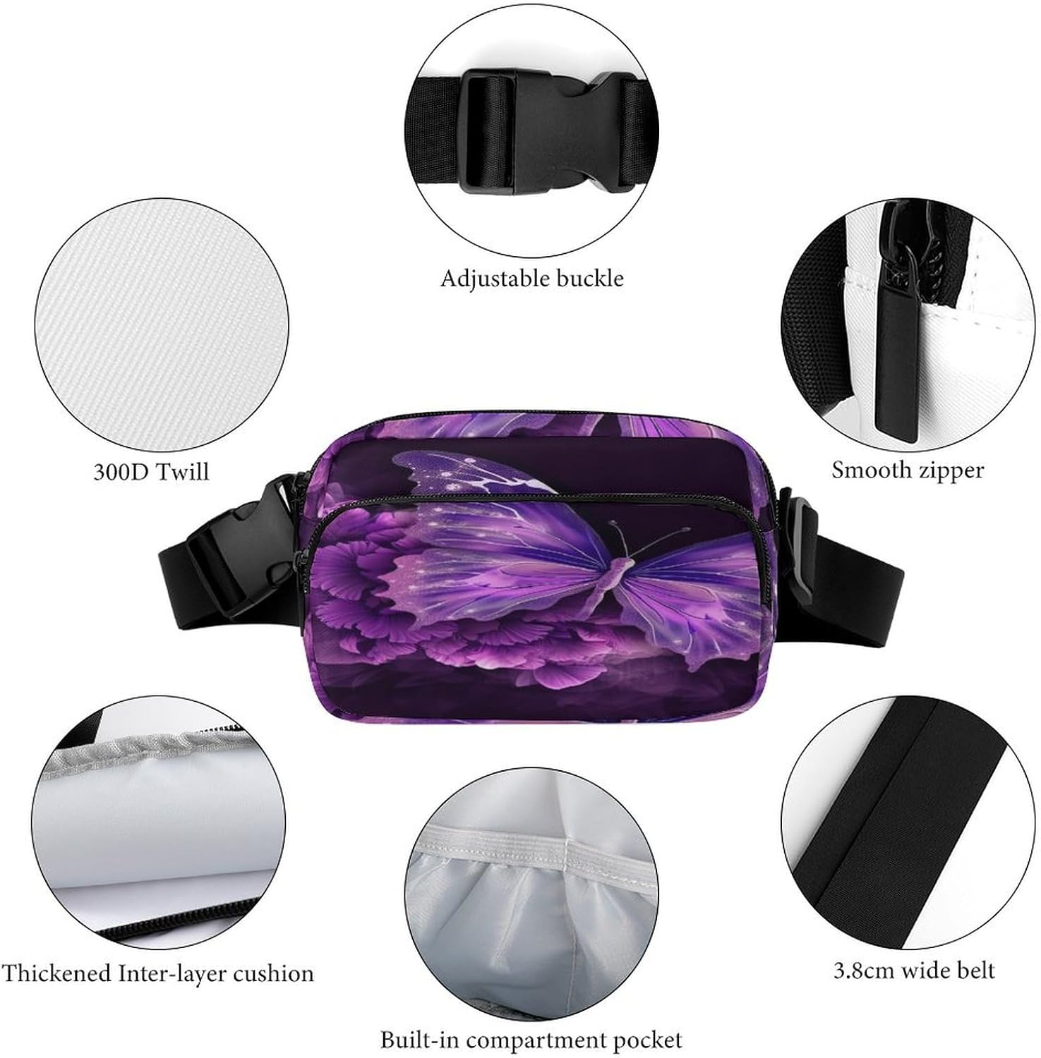 Purple Butterfly Floral Fanny Pack Belt Bag with Adjustable Strap Fashion Waist Bag for Outdoor Sports Hiking