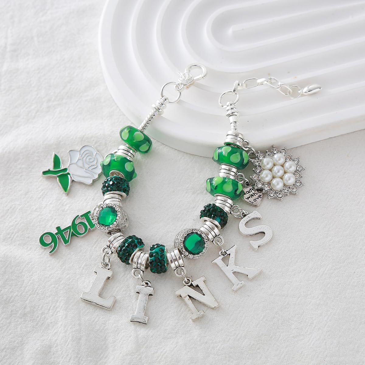 Social Green The Links Incorporated Bracelets Rose Flower Soror Charms Beaded Snake Chain Adjust Sisterhood Party Wear Jewelry Gifts