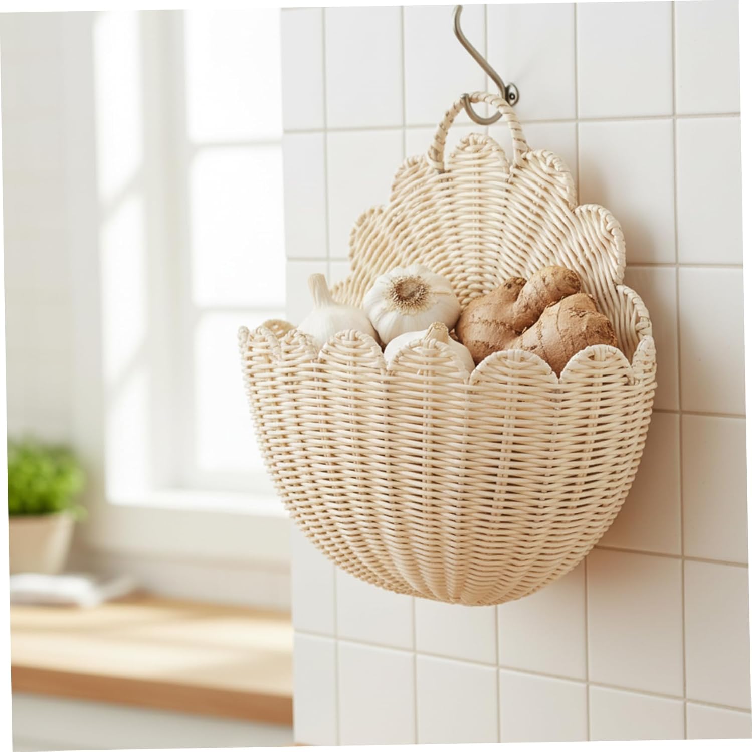Scalloped Wall Basket Plastic Wicker Hanging Basket for Home Bathroom Kitchen Living Room (15.8x9.8in Color)