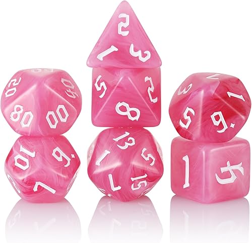 Juego de 7 dados poliédricos DND, juego de dados D&D rellenos de remolinos rosados y blancos para juegos de rol como juegos de mesa DND RPG MTG