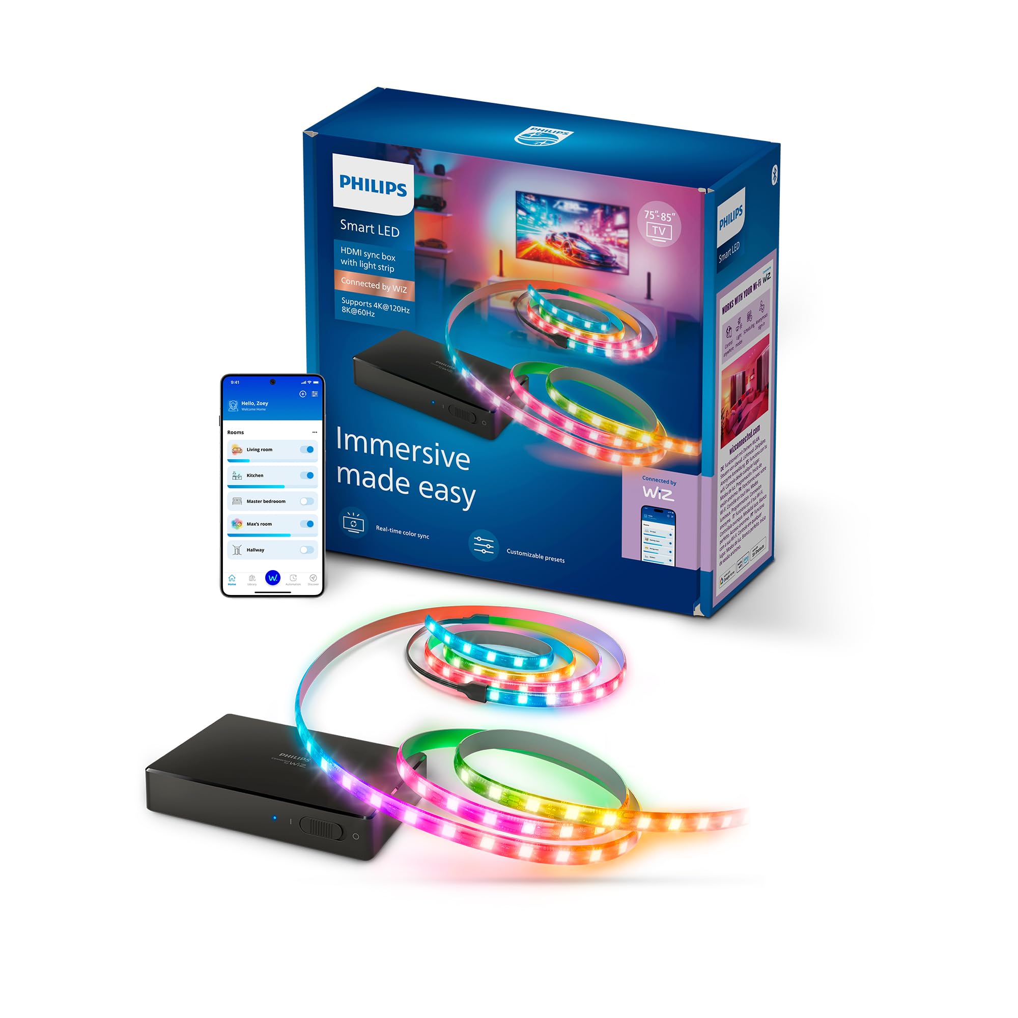 Philips Smart Lighting HDMI 2.1 Sync Box 8K led Retroil TV da 75-85”, Striscia LED RGBIC, Freq Agg Ultraveloce, Luce Personalizzabile, Facile da Installare, TV, Film, Giochi, Ingresso HDMI Richiesto