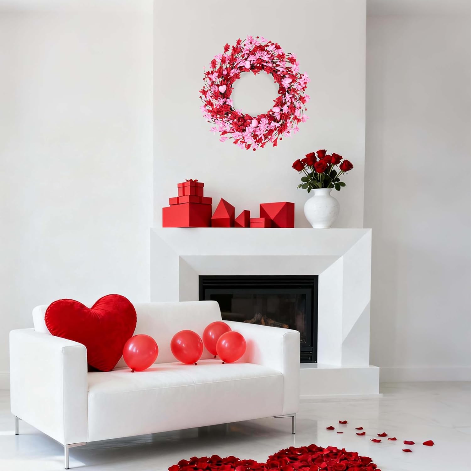Valentine's Day Wreath 22 Inch Valentines Day Wreaths for Front Door Pink Floral Wreath with Red Love Heart Berries Pink Forsythia Flowers for Valentine Anniversary Wedding Holiday Decorations