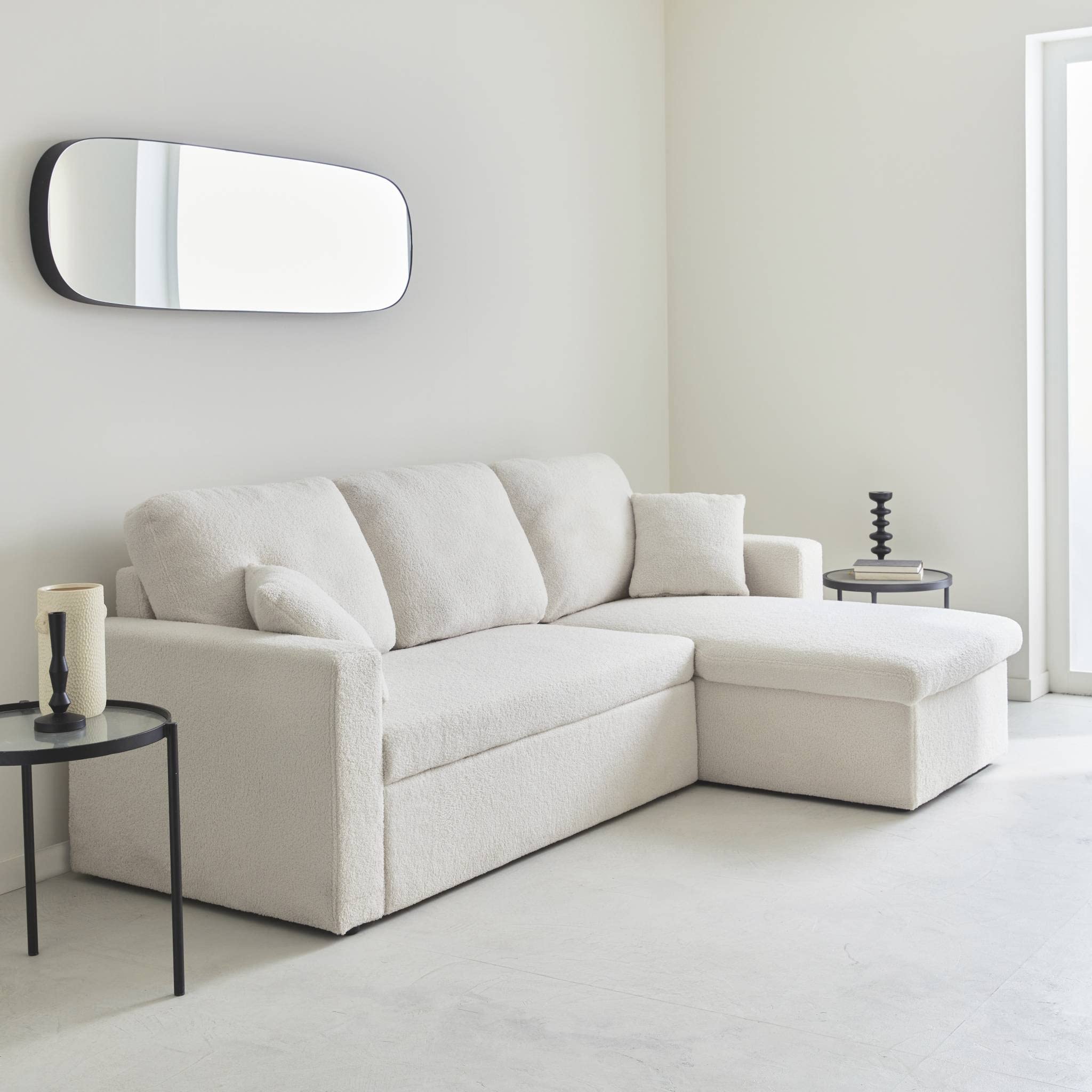 sweeek - Canapé d'angle Convertible en Tissu bouclettes crème - IDA - 3 Places. Fauteuil d'angle réversible Coffre Rangement lit modulable