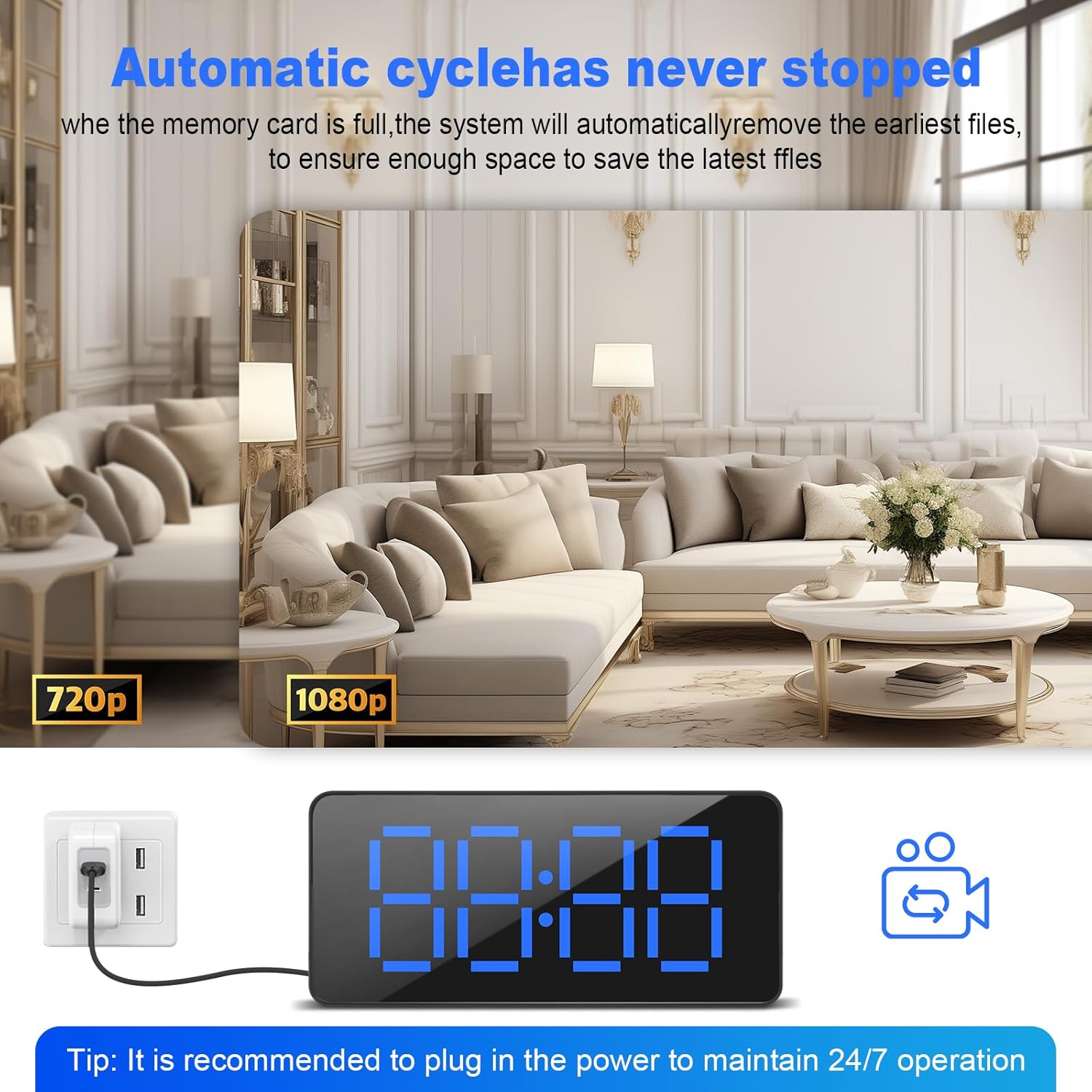 Mini Nanny Cam Camera Clock with WiFi - 1080P Digital Alarm Clock for Home and Office Use, 2.4G WiFi, Night Vision, Loop Recording, Wide Angle, Blue LED Display, Black