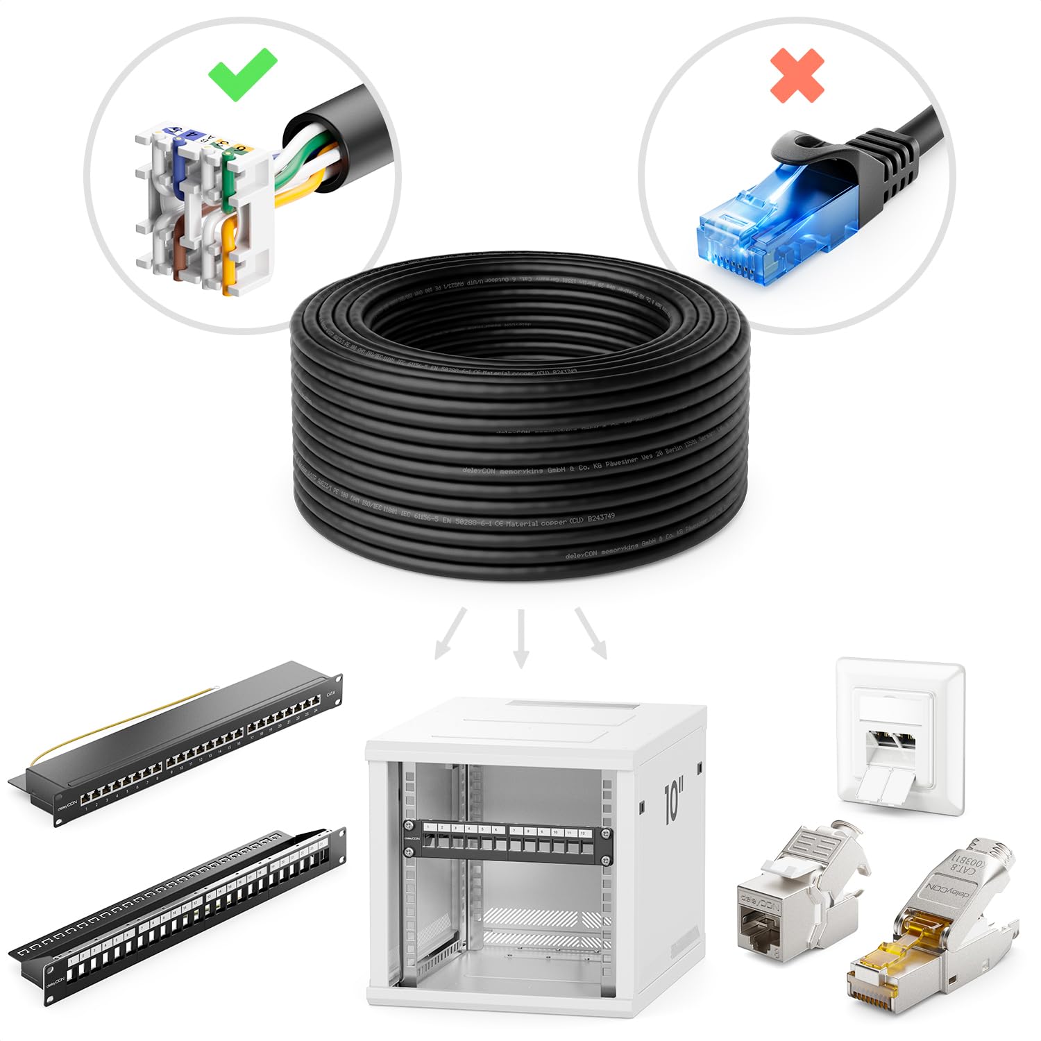 deleyCON 50m Cavo Installazione CAT6 Outdoor Rete 1000 Mbit GIGABIT - Rame (CU) Rigido LAN Ethernet Dati Esterno Resistente Intemperie Giardino Terrazza Officina