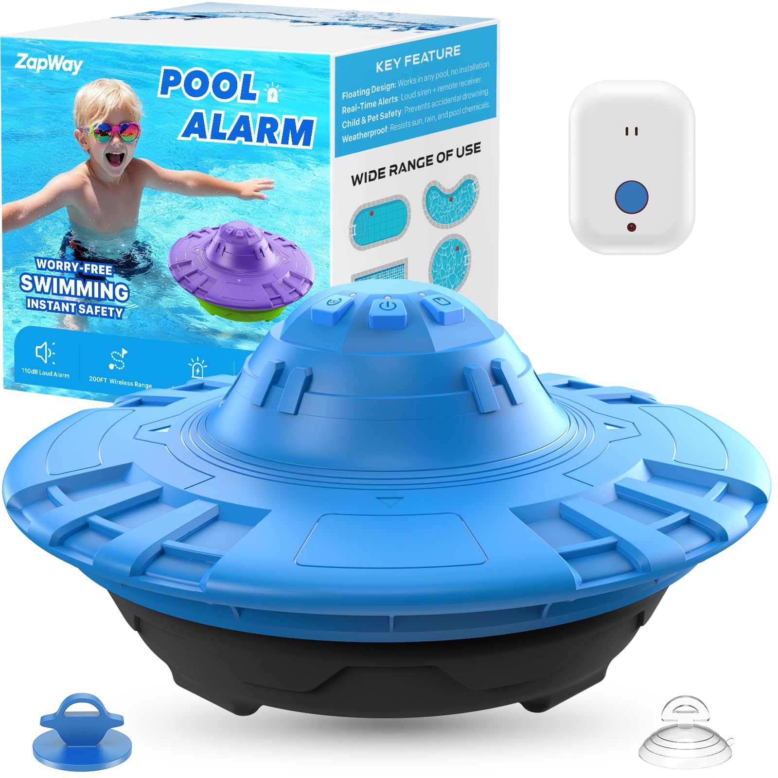 Photo 1 of Pool Alarm with Indoor Receiver, 110dB Ultra Loud Floating Alarm for Inground & Above Ground Pools, Adjustable Sensitivity for Backyard Water Safety with Children & Pets, Navy-Black