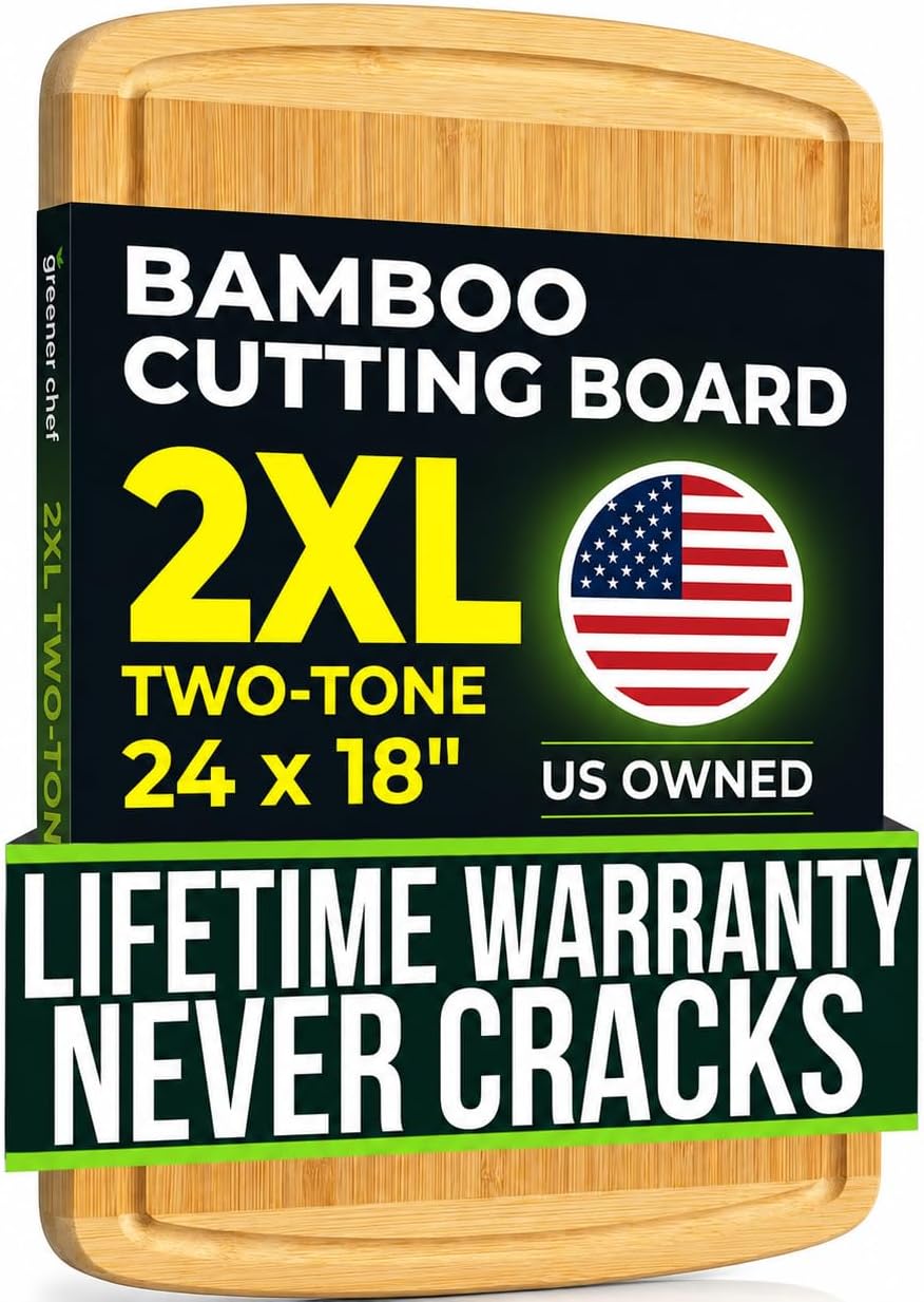HUGE 24 Inch Bamboo Cutting Board with Lifetime Replacement - 2XL Extra Large Wooden Butcher Block for Kitchen, Stove Top, Meat, Vegetables, and Charcuterie with Deep Juice Grooves