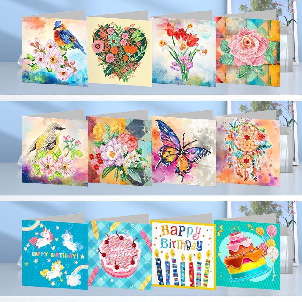 5D DIY Diamant Painting Grußkarten-Set – 12 Karten Mit Umschlägen, Inkl. Werkzeug, Für Geburtstag & Weihnachten