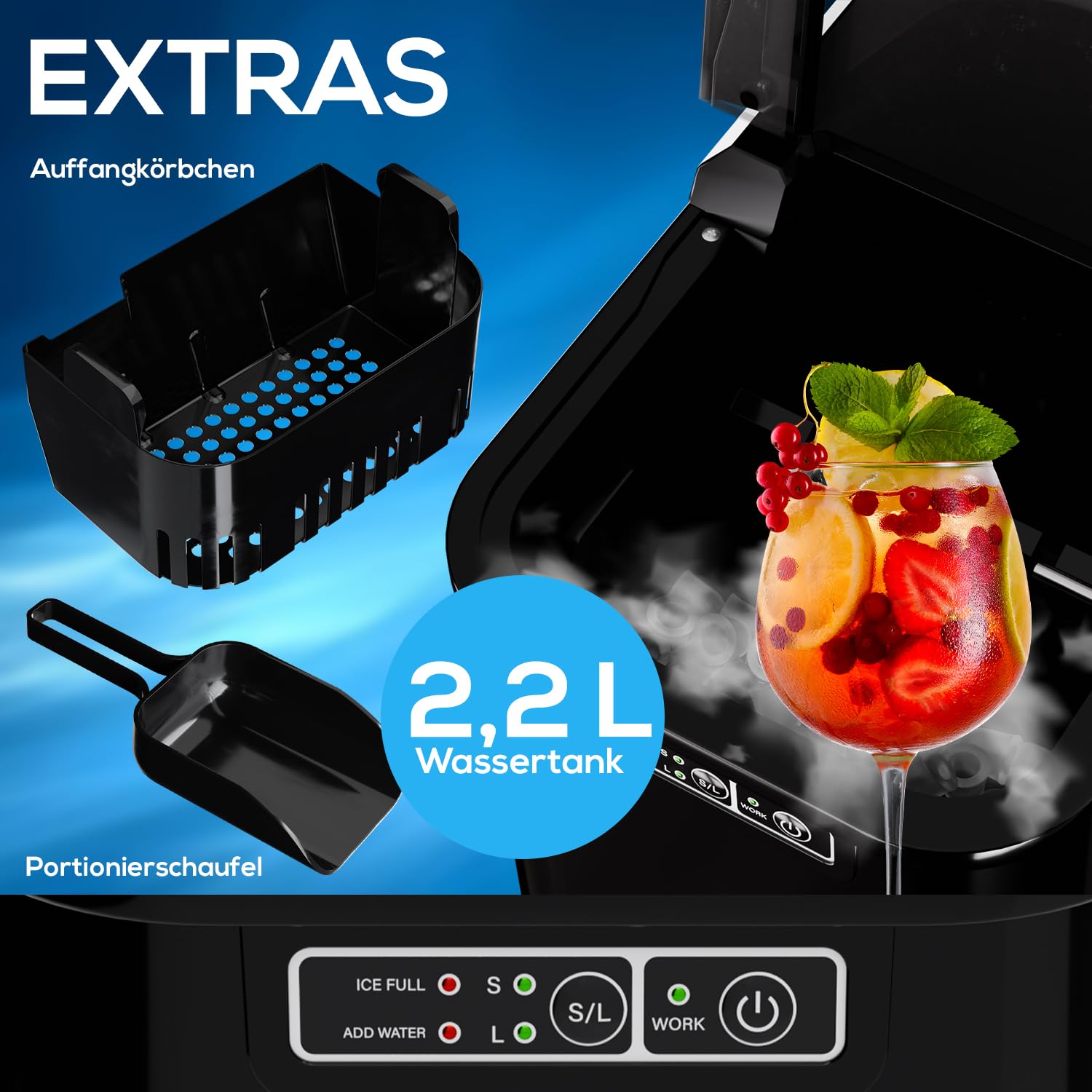 Tronitechnik® Eiswürfelmaschine Eiswürfelbereiter, Ice Maker, 12kg/24h, 2,2 Liter Wassertank, 2 Größen, Selbstreinigung, schwarz, einfache Bedienung