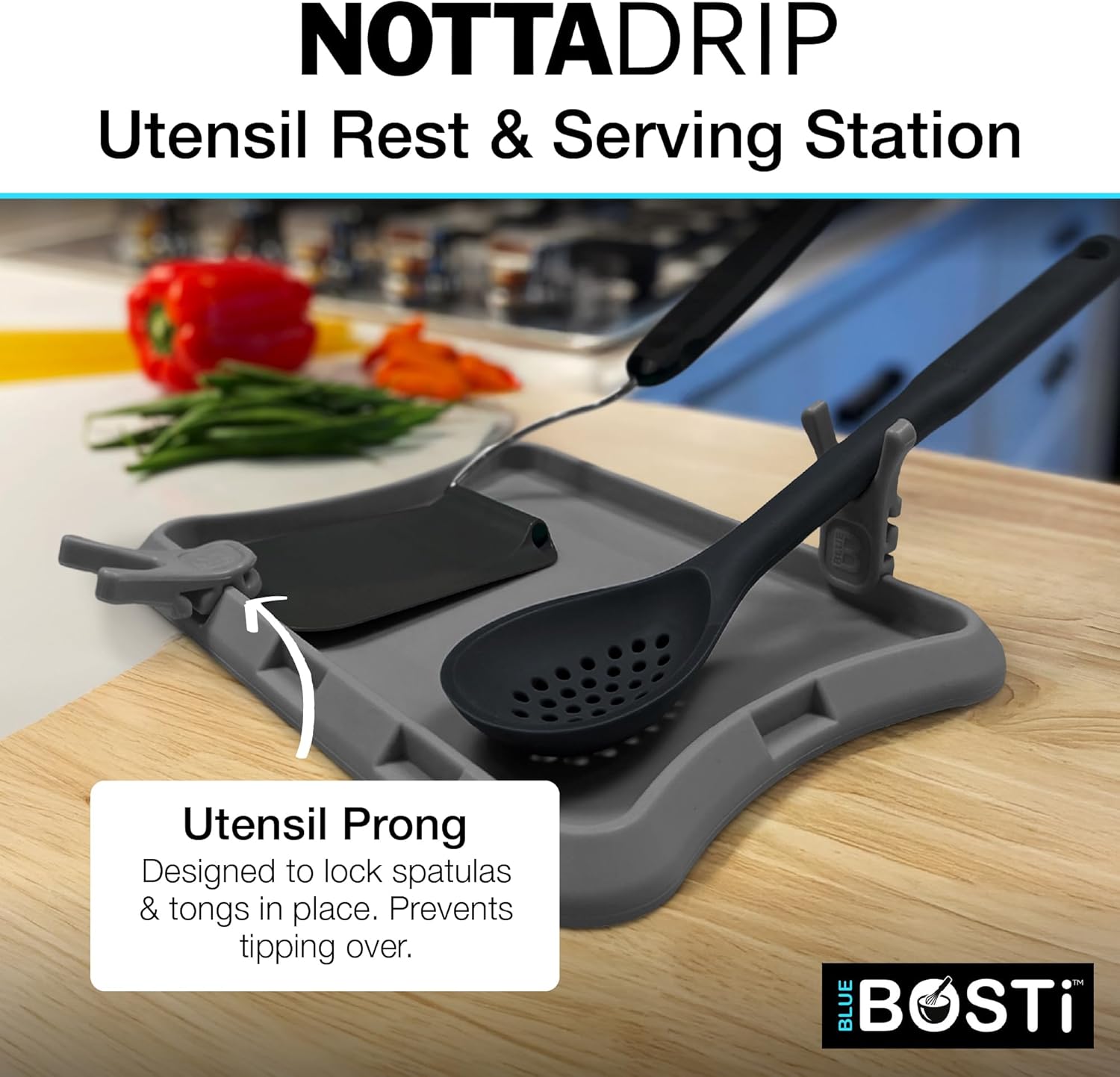 Nottadrip Silicone Spoon Rest for Stove Top - Kitchen Spoon Rest for Countertop, Ladle Holder, All in 1 Serving Station, Elevate Handles, Drip to Tray, Mess Free - 3PC Set No Trivet - Gray