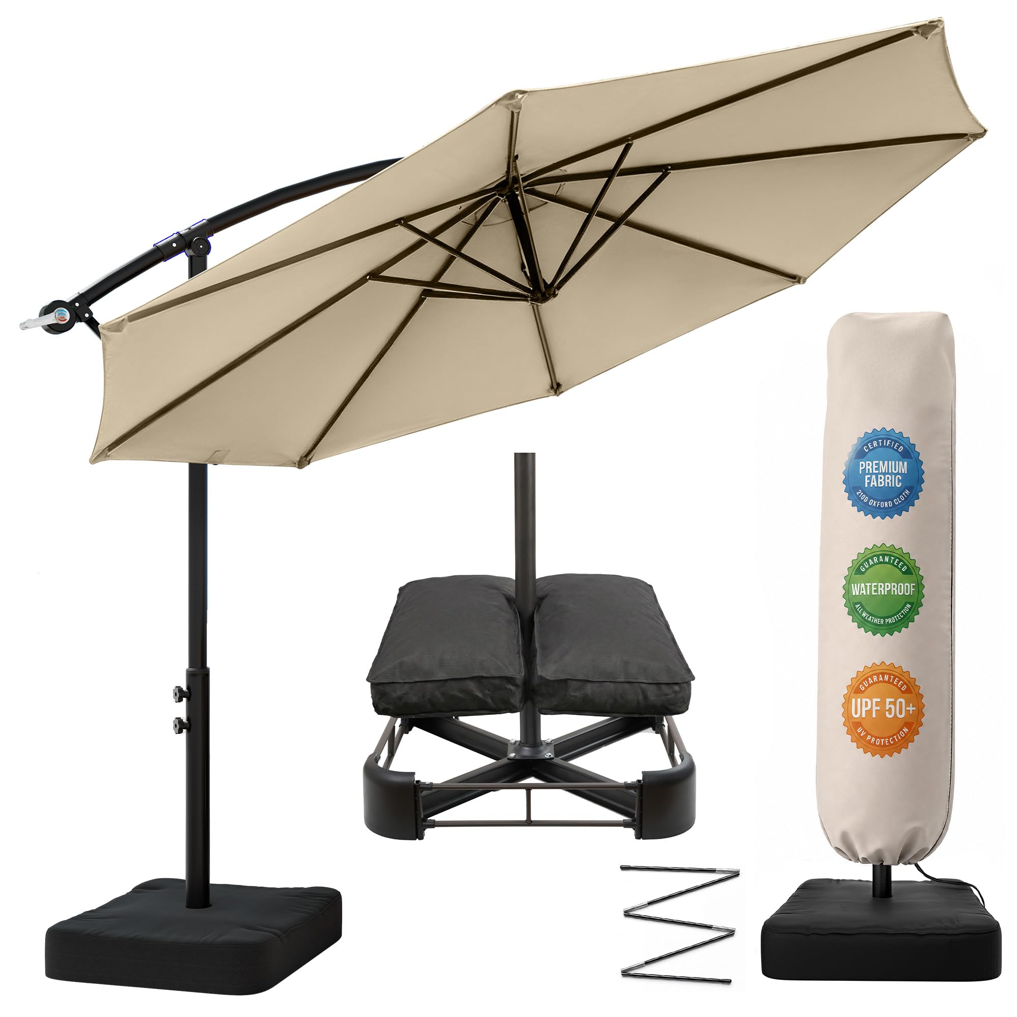 OLILAWN Sonnenschirm mit Ständer, 300 cm Ampelschirm mit Kurbel, für Balkon, Terrasse & Garten, Sonnenschutz, Gestell & Ständer aus Alu, UV-Schutz, wasserdicht + Windfest, 360° Funktion+ Schutzhülle
