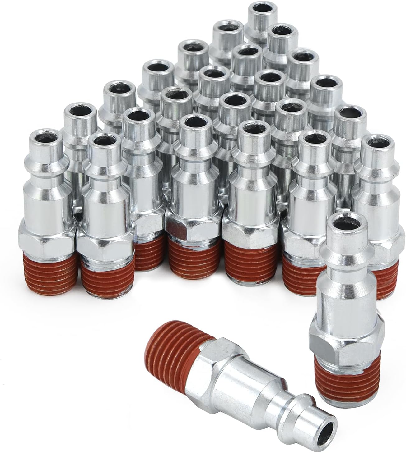 QWORK 1/4 Inch NPT Male Industrial Air Plug, 25 Pack, 1/4'' Pneumatic Plugs, Quick Connect Air Hose Fitting, Zinc Plated Hardened Steel, Up to 300 Psi