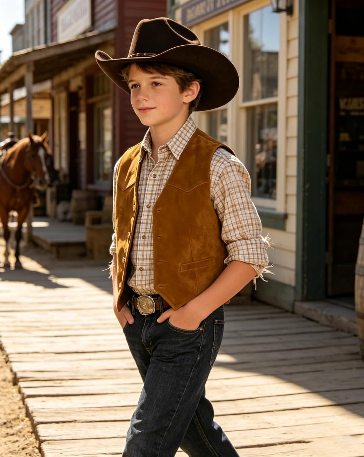 Bakerbear Western Boys Suede Casual Vest for Kid Cowboy Leather Waistcoat