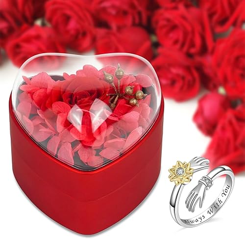 Miniatura 3 de Fanadith Rosa real preservada con anillo, caja de anillo en forma de corazón, rosas eternas, regalos de rosas reales para mujeres, novia y esposa en