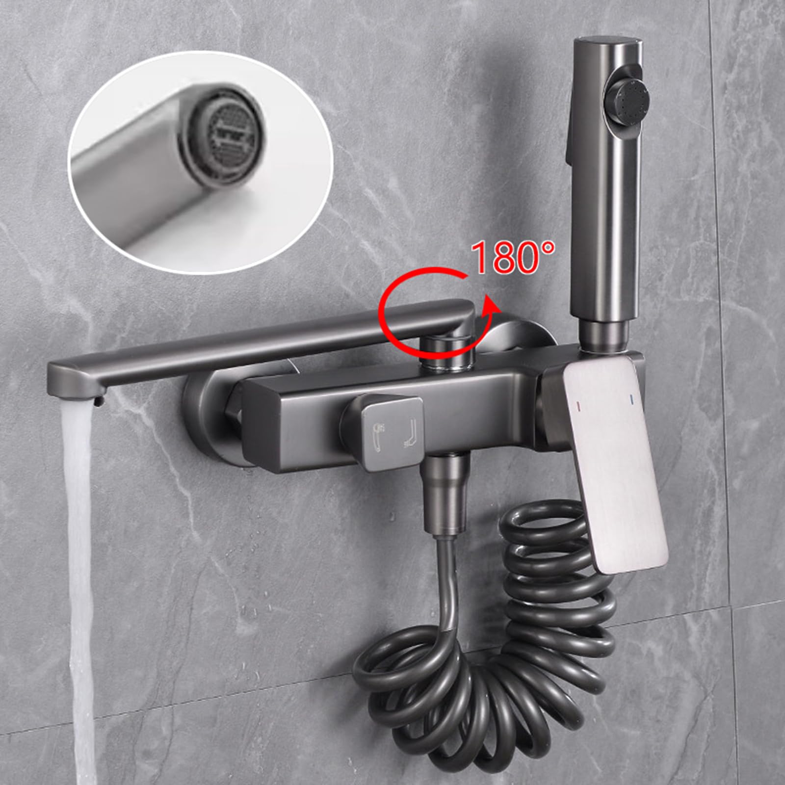 Grifo de Fregadero de Pared Latón con Pistola Rociadora Grifo Cocina Mezclador con Caño Giratorio 2 Orificios,Gris,20Cm