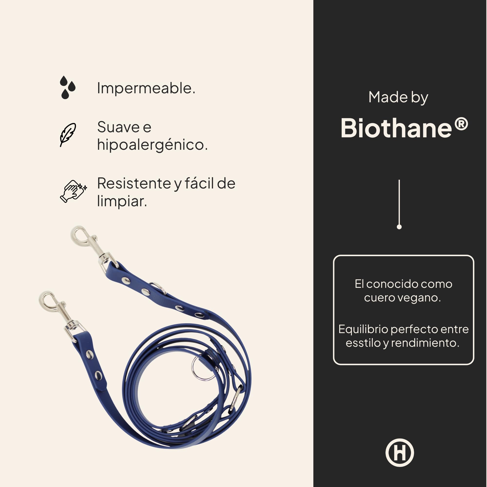Correa Multifunción para Perros de Biothane 4 en 1, Impermeable, Resistente y Fácil de Limpiar, Mosquetón Giratorio 360°, Versátil para Uso Manos Libres (Marine)