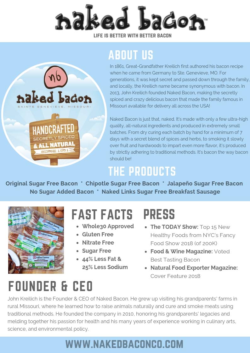 Chipotle Sugar Free Naked Bacon - Whole30 Approved Multipack (5 packages) - No Sugar, Nitrate Free, Paleo, Keto, WW Friendly Bacon, Lower Fat, Lower Sodium