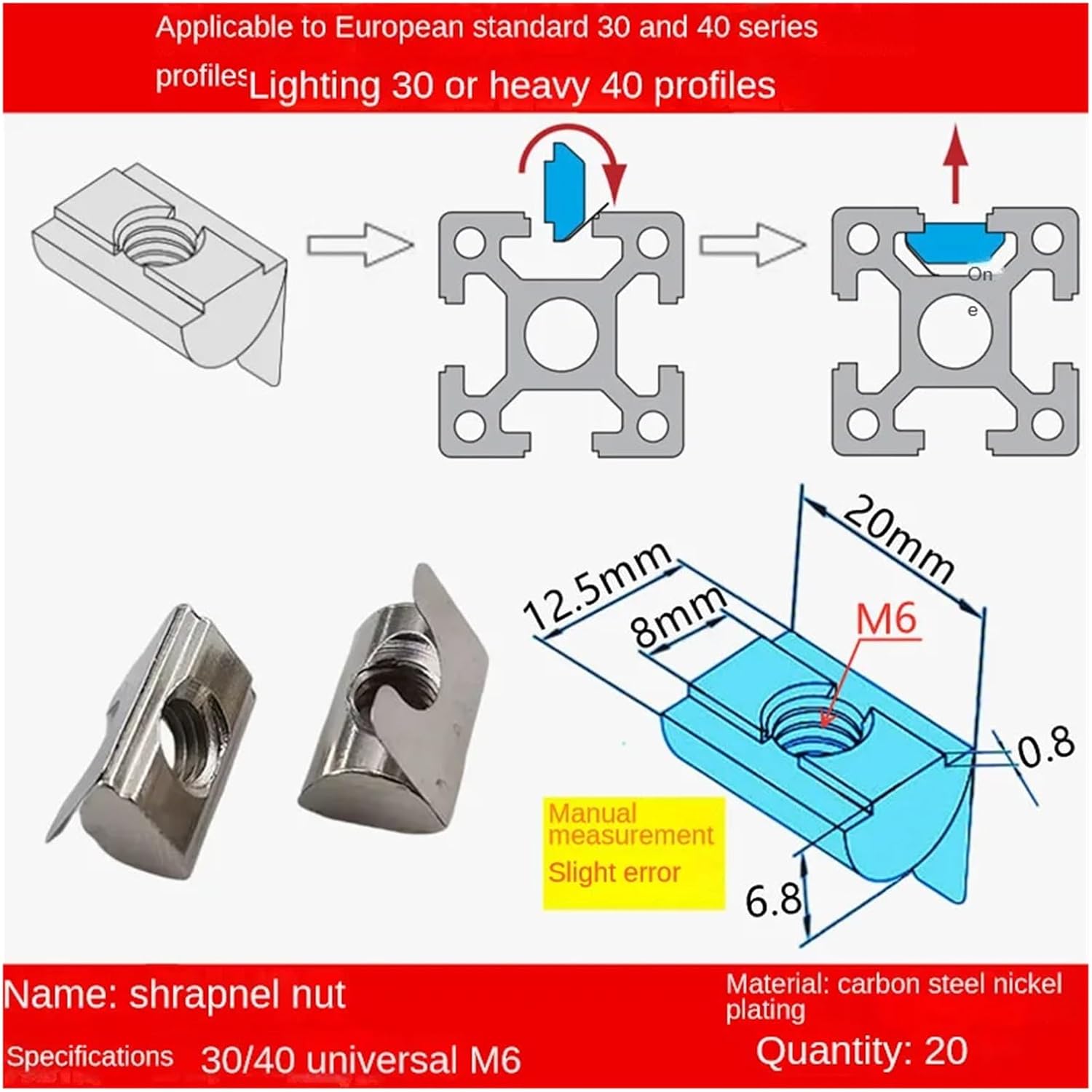 UAMOU 20pc M4 M5 M6 M8 Spring Nut Drop in Sheet T Nut Fit for 6mm Slot Aluminum Extrusion Profile 20020/3030/4040 Series Zinc Plate Coated Cheerfully (Color : 30s 40s M6)