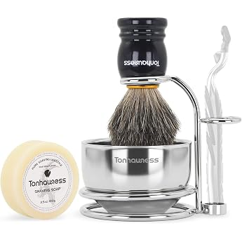 Badger Hair Shaving Brush with Wooden Handle, Goat Milk Shaving Soap, Double Ring Base, Stainless Steel Shaving Stand and 3 L
