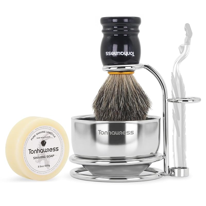 Kit de Barbear tonhawness com Pincel de Pelo de Texugo, Sabonete de Barbear com Leite de Cabra, Tigela, Suporte de Aço Inoxidável e Cabo de Madeira