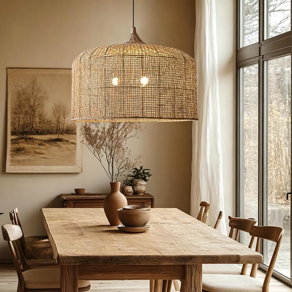XQIDIANAA Rustic Woven Pendant Light,Coastal Rattan Lampshade Hanging Lighting Fixture, Vintage Farmhouse Chandelier for Kitchen Island, Dining Table Room