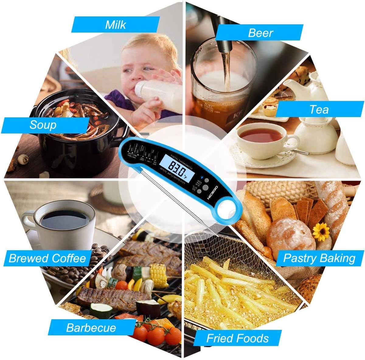 review NiceGo Digital Instant Read Meat Thermometer with Probe Fast Waterproof Thermometer with Back Light and Calibration. Digital Food Thermometer for Cooking, Kitchen, Outdoor Cooking, BBQ Grill. (Blue)