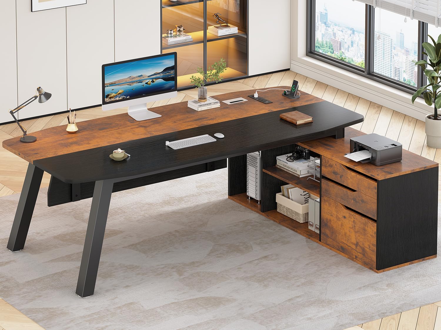 brown l shaped desk with drawers and shelves power outlets