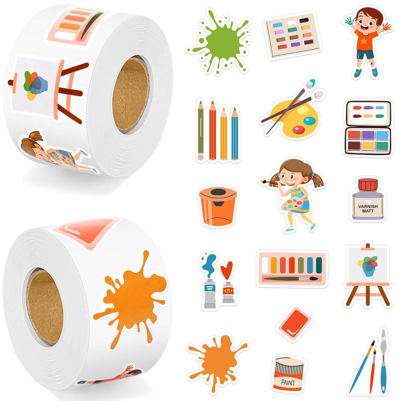 1000Pcs Art Painting Stickers Roll Paint Palette, Brushes, Pigment & Decals for Water Bottles, Luggage, Conmputer, Toy, Phone for Artistic Painting