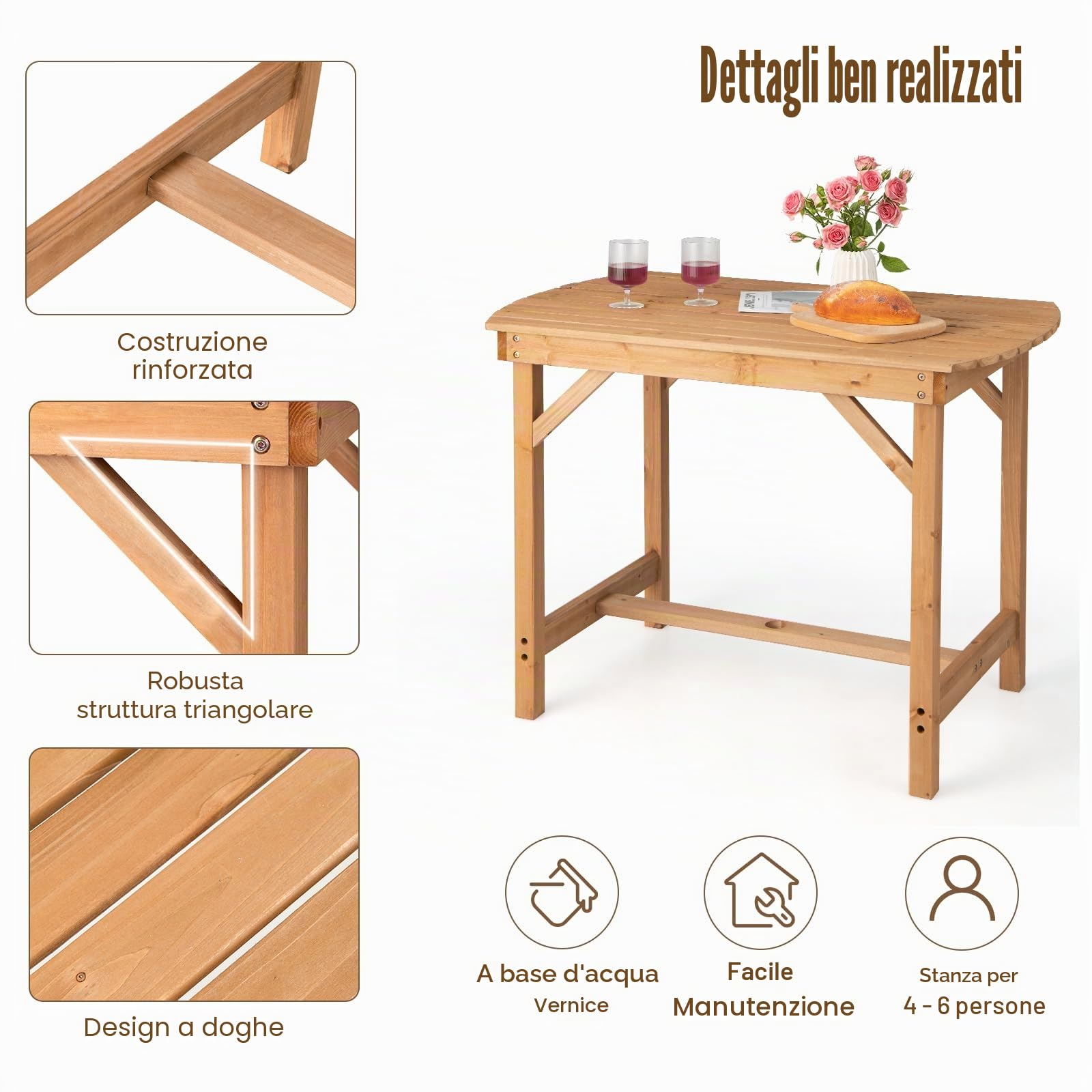 KOMFOTTEU Tavolo da Giardino in Legno di Abete, Tavolo da Pranzo con Foro per Ombrellone, Tavolo Ausiliare con Portata di 180 kg, Tavolo da Salotto per 4-6 Persone, 100 x 60 x 75 cm, Naturale