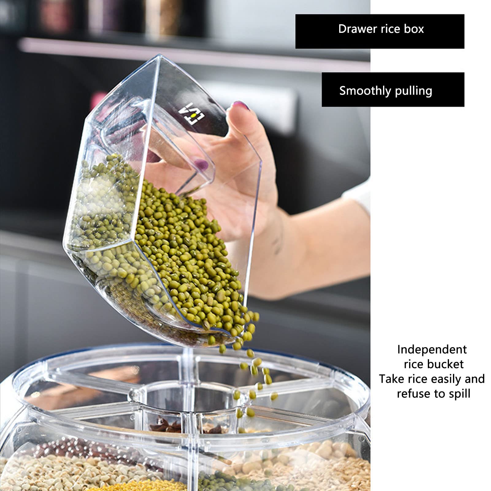 Contenitore per La Conservazione di Riso e Grano, Distributore di Alimenti Girevole a 360°, 6 Scomparti Trasparenti con Coperchio a Prova di Umidità Domestico, per Negozio di Cucina