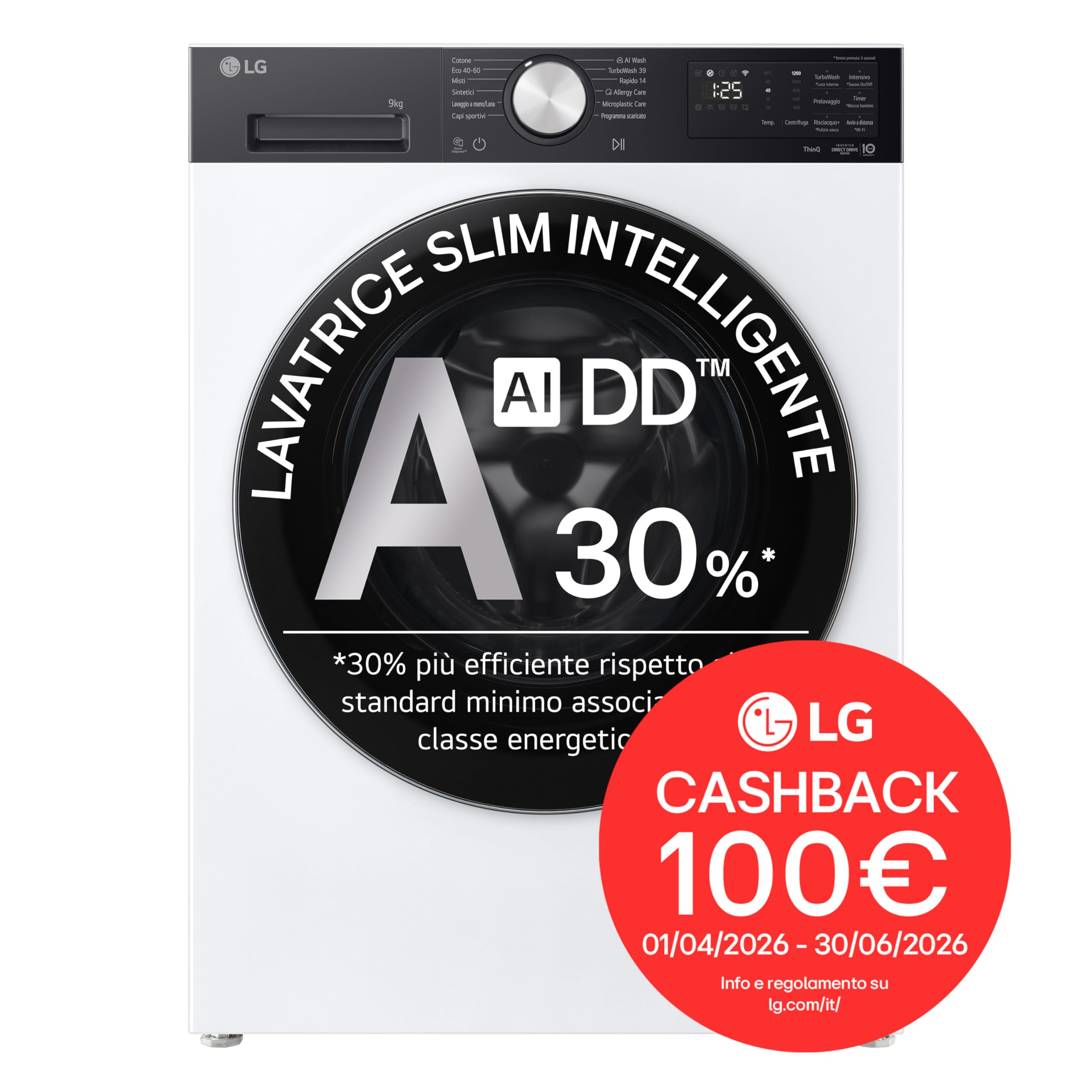 LG F2NX50S9TKC Lavatrice Slim 9 kg Next AI DD, Classe A -30%, 1200 Giri, Programma AI Wash con Intelligenza Artificiale, Wi-Fi, Allergy Care, TurboWash 360, Serie X5, White Black Pannel e Silver Knob