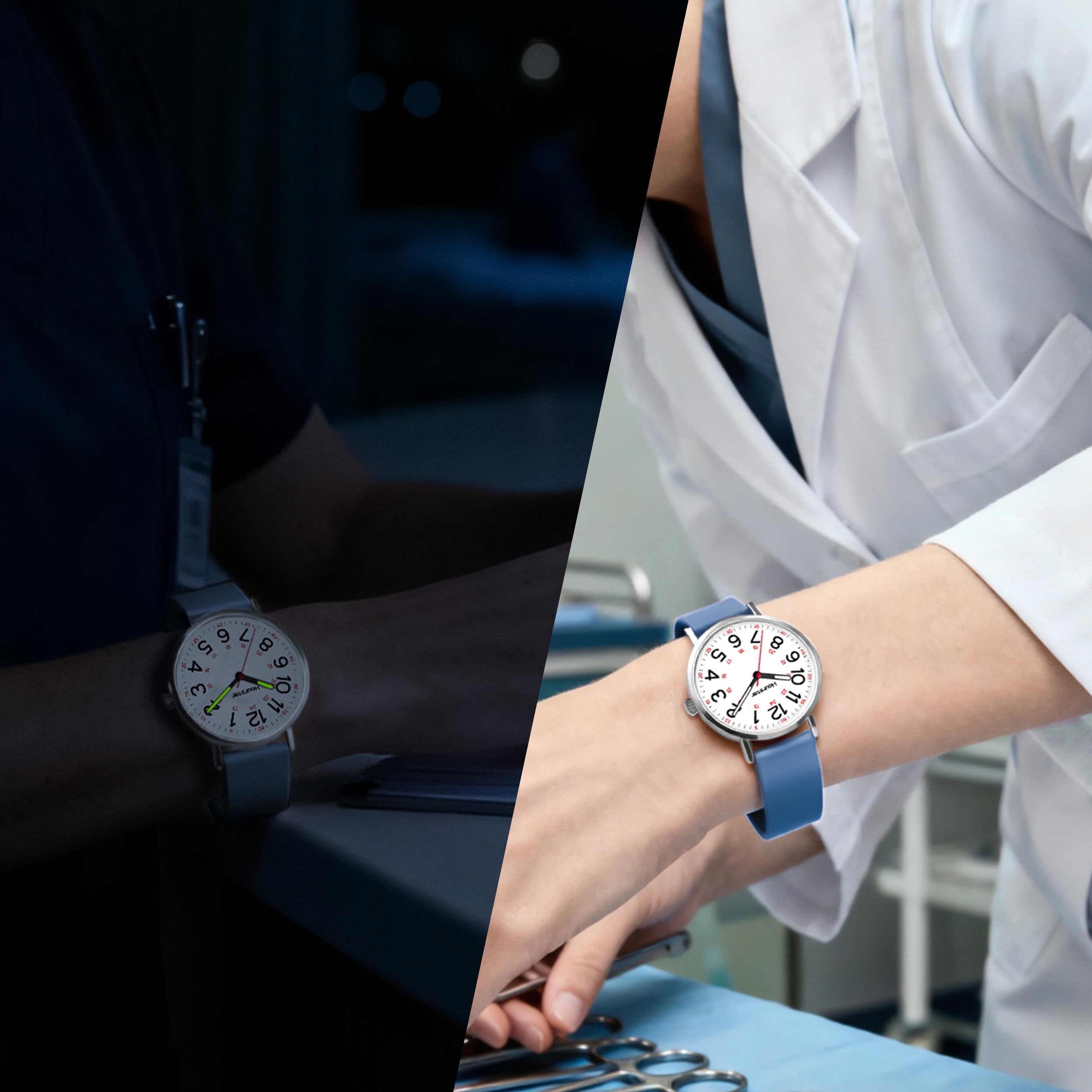 Reloj analógico de enfermera para mujer con segunda mano para enfermería, 12/24 horas, correa de silicona, fácil lectura (azul)