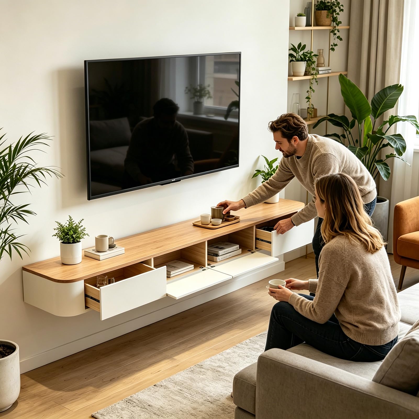 TV Schrank Hängend 160cm, Schwebende TV Lowboard mit 2 Schubladen 1 Klapptüren, Fernsehschrank mit Kabelmanagement für Wohnzimmer und Esszimmer, Bereits montiert