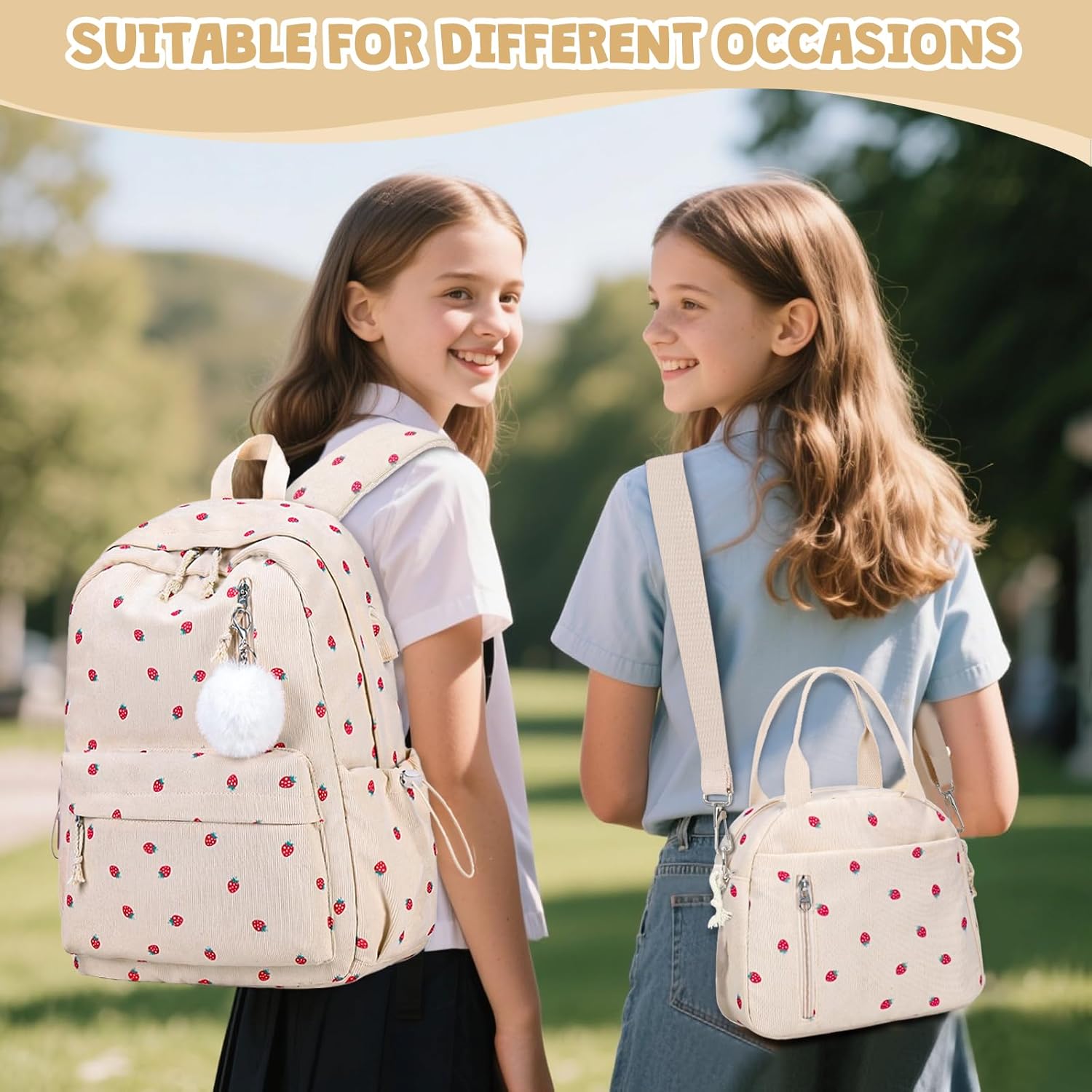 Backpack for Girls - Corduroy Girls Backpack with Lunch Bag & Pencil Pouch for Teen Kids Laptop Backpack for Women, Middle High School Bookbag Travel Daypack (Beige Strawberry) - Image 6