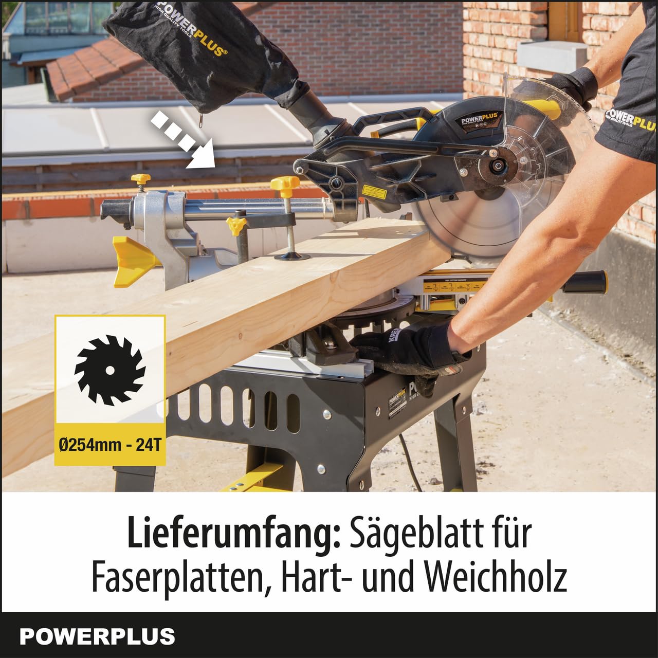 Powerplus elektrische Kapp und Gehrungssäge POWX075730S - 2100W Gehrungs- und Tischsäge, Ø254mm - mit Gehrungsschnitte - mit 1 Acc.