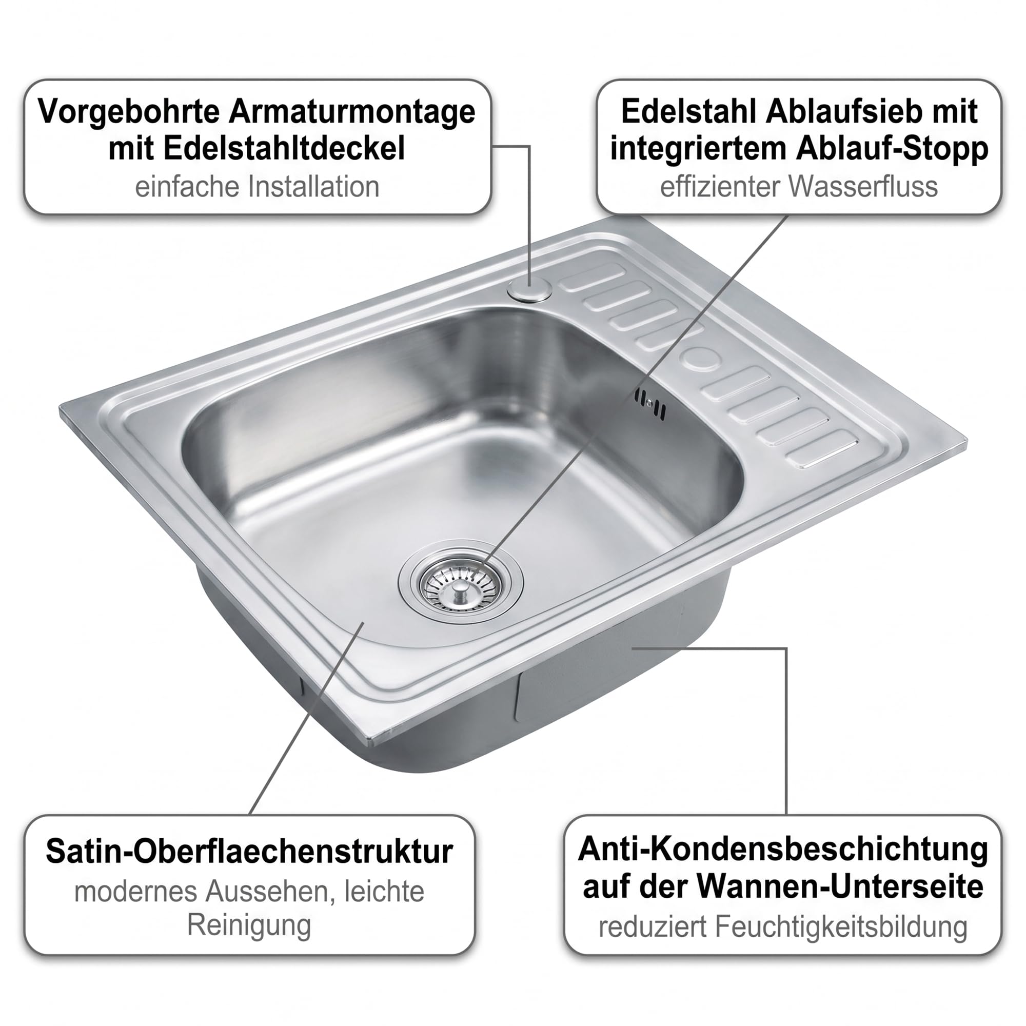 Mucola Edelstahl Küchenspüle 60x50 cm mit Abtropffläche rechts – Einbauspüle mit Rundbecken – Spülbecken Edelstahl satiniert inkl. Ablauf & Siphon