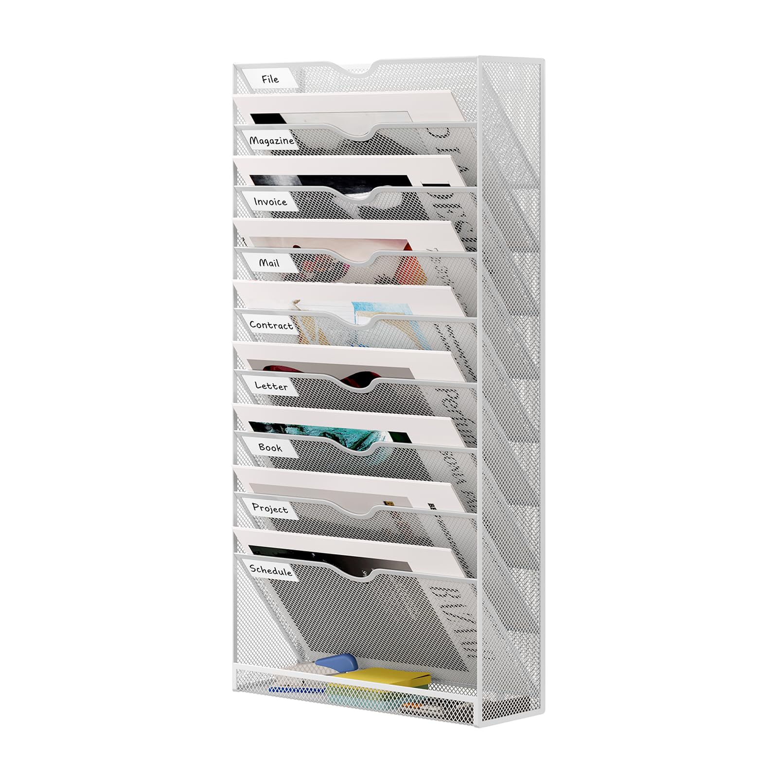 10 Pockets Hanging File Holder, Metal Wall File Organizer, Hanging File Organizer for Office, Mail Organizer Wall Mounted, Convenient Office Organization, White